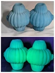 1890S Twin Blue Satin Glass Rose Bowl Vase Glows Green Mount Washington Double. Fixed Price $225.00.